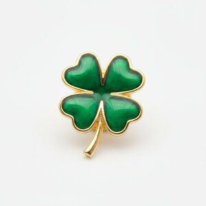 Good Luck Four Leaf Clover Pin Enamel Green Gold Tone St. Patrick's Day Charm